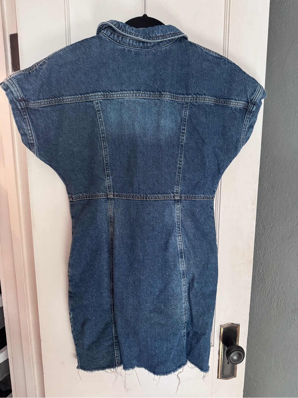 Free People ‘The City’ asymmetrical blue denim jean frayed mini dress Size Large - Picture 5 of 6